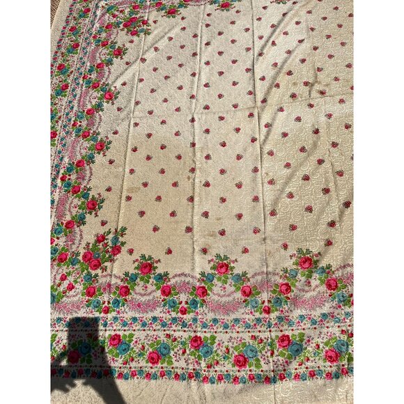 Antique 1909 Romanian Textile Art Wool Floral Shawl Hand Tied Fringe Floral - Picture 4 of 10